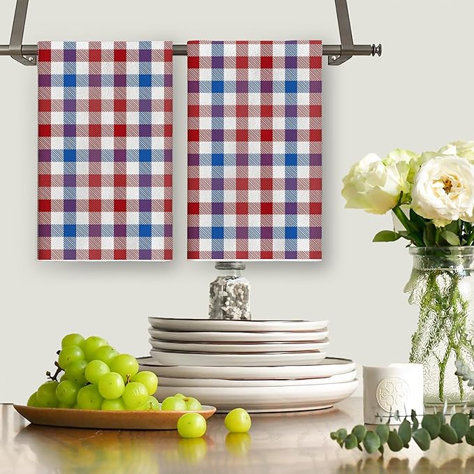 4th of July Buffalo Plaid Kitchen Towels Farmhouse Blue Red Gingham Dish Towel Pastel Memorial Day Checkered Decor Patriotic Decorations for Home Party