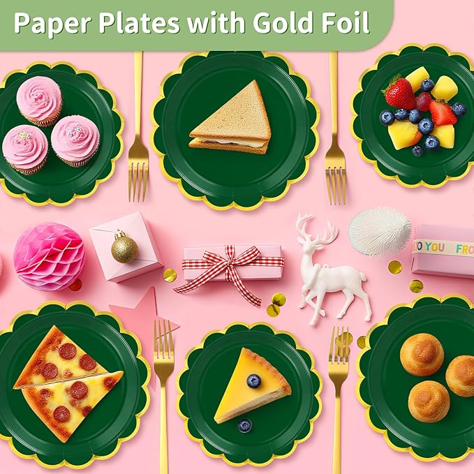 50 Pcs Dark Green Paper Plates, 25 Pcs 9" and 25 Pcs 7" Disposable Christmas Scalloped Plates with Gold Foil for Graduation Wedding Baby Shower Birthday Party Picnic BBQ