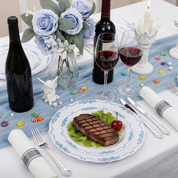 DaYammi 60PCS Blue and White Plastic Plates Blue Rim White Disposable Plates Blue White Party plates Include:30 Plastic Dinner Plate 30 Dessert plate and Wedding & Party Dining
