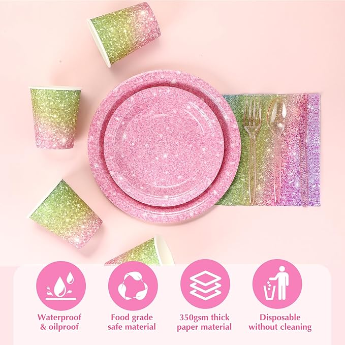 Hushee 350 Pcs Pastel Rainbow Holographic Print Party Supplies Guests Disposable Dinnerware Set Include Paper Plates, Napkins, Cups, Plastic Cutlery for Wedding Birthday Disco Bachelorette