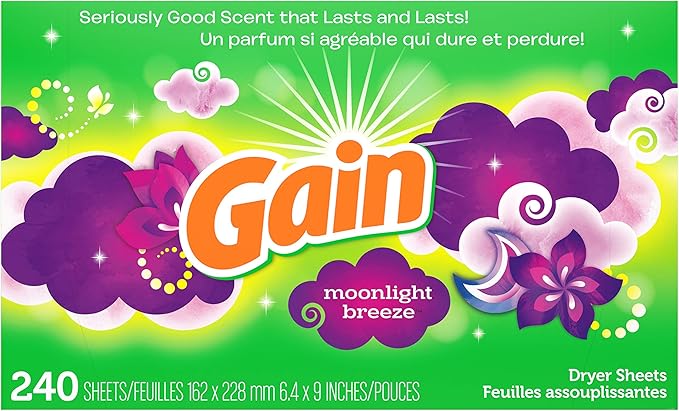 Gain Dryer Sheets Fabric Softener | Moonlight Breeze | Anti-Static | 240 Sheets, Pack of 4