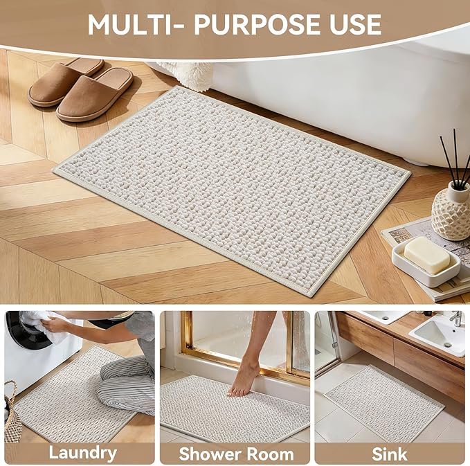 Bathroom Rugs Mat 20x32, Extra Soft Absorbent Chenille Bath Rug, Non Slip PVC Backing Washable Quick Dry Bath Mats for Bathroom Fit Under Door, Tub, Shower, Sink, Home Decor Accessories Beige