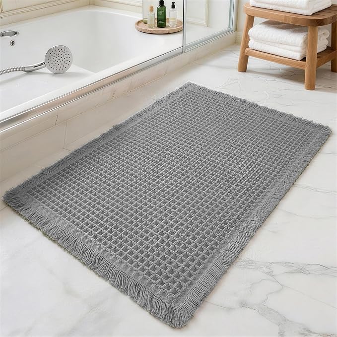 Waffle Bathroom Rugs, Large Non Slip Absorbent Waffle Knit Bath Mat for Shower Floor, Tub and Bathroom Door, Ultra Soft Quick Dry, Grey, 24"x36"