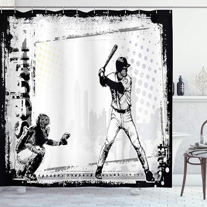Ambesonne Sports Shower Curtain, Baseball Themed American Sport Team Rustic Design Silhouette Illustration Print, Cloth Fabric Bathroom Decor Set with Hooks, 69" W x 84" L, White Black