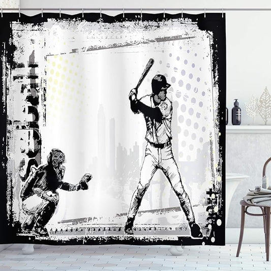 Ambesonne Sports Shower Curtain, Baseball Themed American Sport Team Rustic Design Silhouette Illustration Print, Cloth Fabric Bathroom Decor Set with Hooks, 69" W x 84" L, White Black
