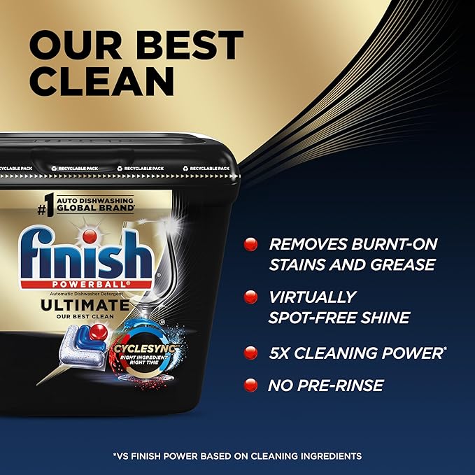 Finish Ultimate Dishwasher Pods, No Pre-Rinse Dishwasher Detergent Soap Removes Burnt-On Stain, with CycleSync Technology, Degreasing & Scrubbing Power, 17 Count