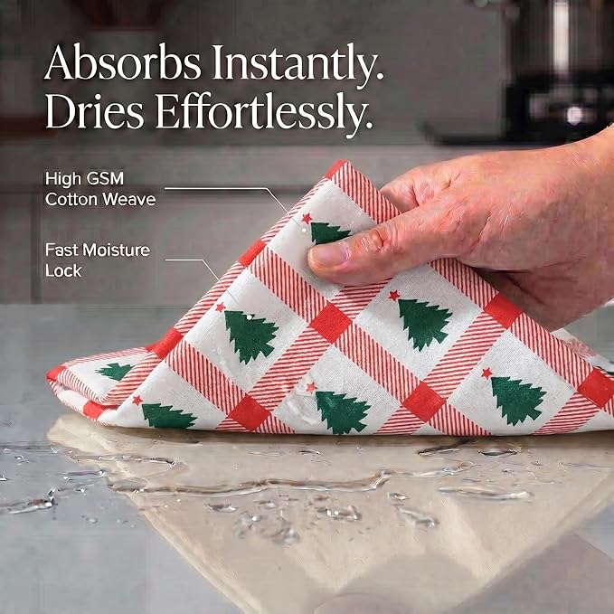Urban Villa Christmas Kitchen Towels Christmas Tree Print Premium Quality 100% Cotton Dish Towels Mitered Corners Ultra Soft (Size: 20X30 Inches) Highly Absorbent Bar Towels & Tea Towels - (Set of 6)