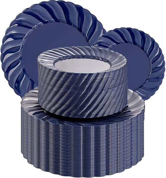U-QE 100PCS Blue Disposable Plates - Heavy Duty Blue Plastic Hanukkah Plates for Hanukkah/Party/Wedding - Include 50PCS 9inch Dinner Plates and 50PCS 6.5inch Dessert/Salad Plates