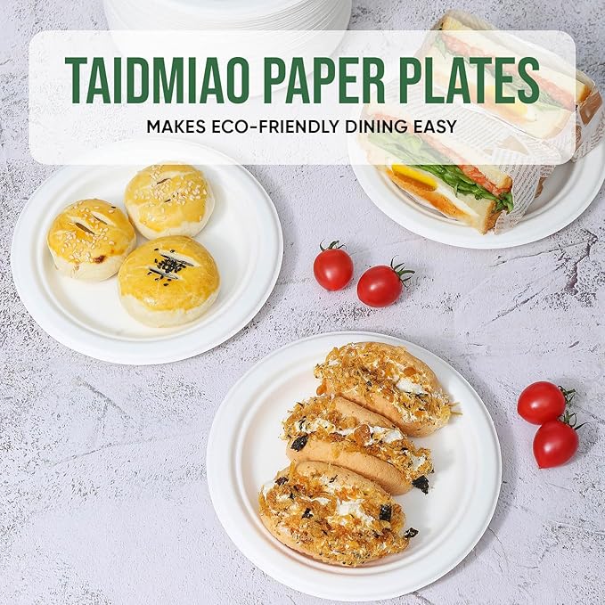 TaidMiao 7-Inch White Paper Plates 100 Pack - 100% Compostable Dessert Plates | Leakproof Disposable Plates for Party, Microwave Safe & Oil Resistant, Eco-Friendly Small Dinnerware (100 Count)