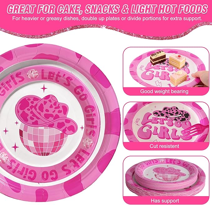 100 Pcs Let's Go Girls Party Supplies for 25 Guests, Heavy-Duty 7" & 9" Paper Plates, 2-Ply 13" Napkins & Plastic Forks, Disposable Disco Cowgirl Tableware Set for Birthday Party