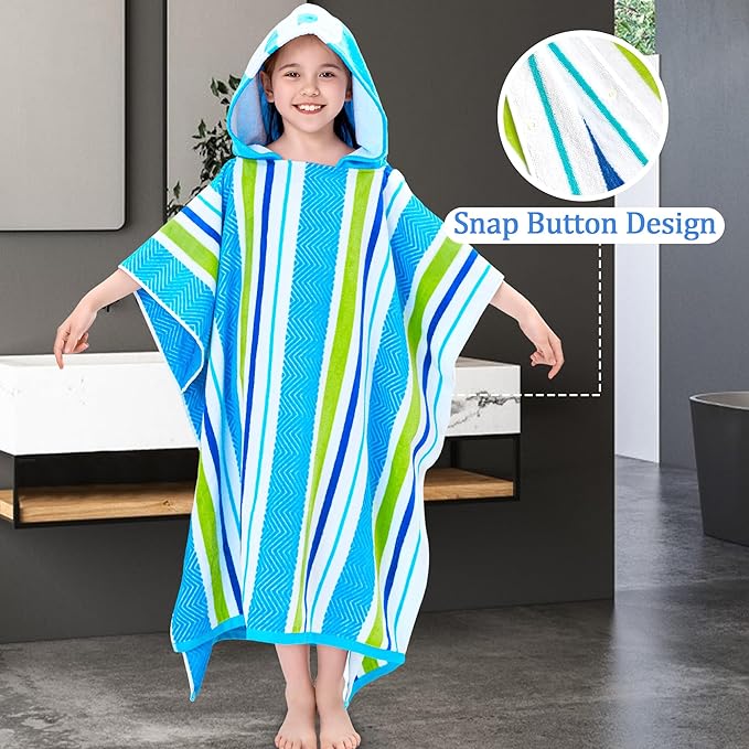 VOOVA & MOVAS Teens Hooded Poncho Towel for Boys 8-16 | Super Absorbent 100% Cotton Robe | Pool, Beach & Bath Towel | Blue Green& White Stripe Design