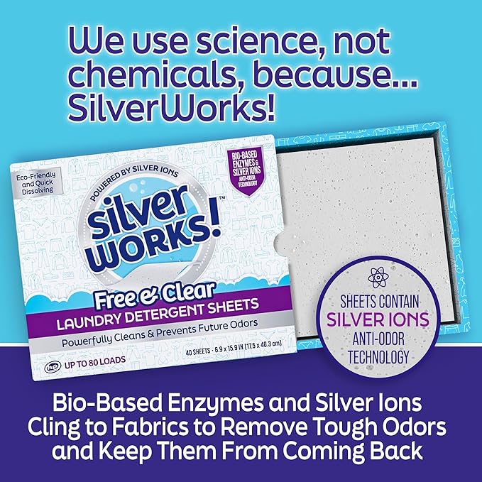 SilverWorks! Premium Dissolvable Laundry Detergent Sheets, Silver Ion Odor Elimination Technology, Powerfully Clean & Prevent Odors, Dissolves Fully, 40 Sheets, Free & Clear