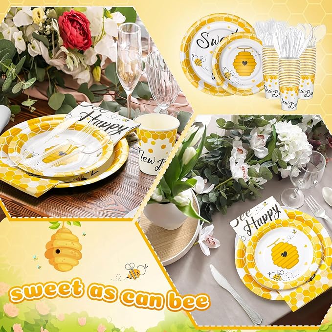 FillTouch 350 Pcs Bee Party Tableware for 50 Guests Baby Shower Bee Paper Plates Disposable Napkins Cups Plastic Knives Fork Spoon for Birthday Wedding