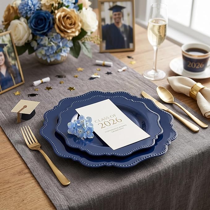 COLOSUS Navy Blue Disposable Plastic Party Plates Set Include 60pcs (30 guest) Dinner plate and Dessert Plate Heavy weight Party Dinnerware Plates