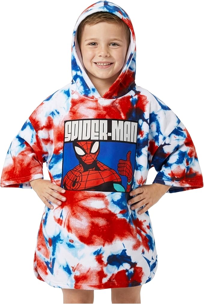 Marvel Spiderman Kids Changing Robe, Hooded Towel Poncho Boys Girls, Avengers Wearable Towel for Swim Surf, Gifts for Kids (Multi Spiderman, 6-9 Years)