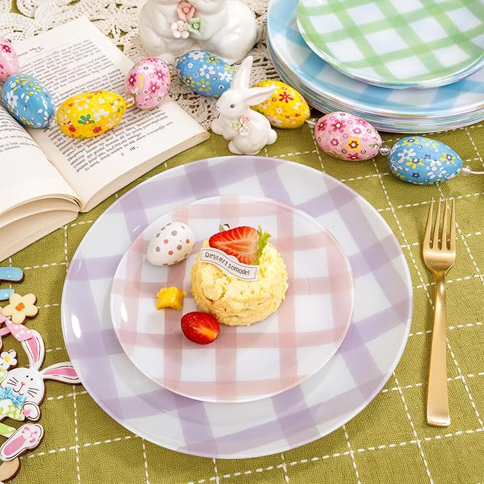 Liacere 32PCS Colorful Gingham Plastic Plates - Pink Green Gingham Plastic Plates Purple Blue 4 Colors Disposable Tableware Party Wedding Spring Holiday Supplies＆Summer ＆ Easter Day