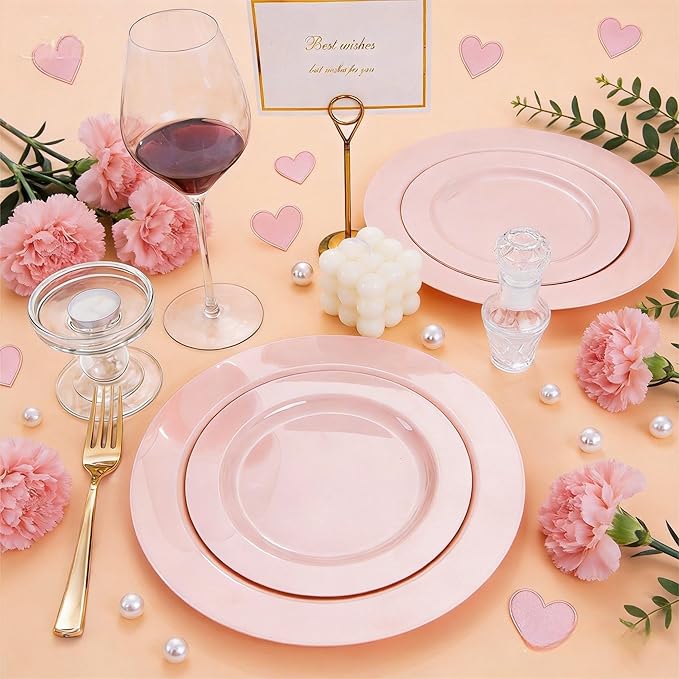 FLOWERCAT 60PCS Pink Plastic Plates - Heavy Duty Pink Plates Disposable for Spring Party&Mother's Day/Wedding - serving 30 guests Include 30PCS 10.25inch & 30PCS 7.5inch