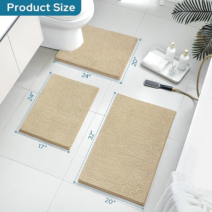 BYSURE Beige Bathroom Rugs Sets 3 Piece Non Slip Extra Absorbent Plush Chenille Soft Washable Bath Mats