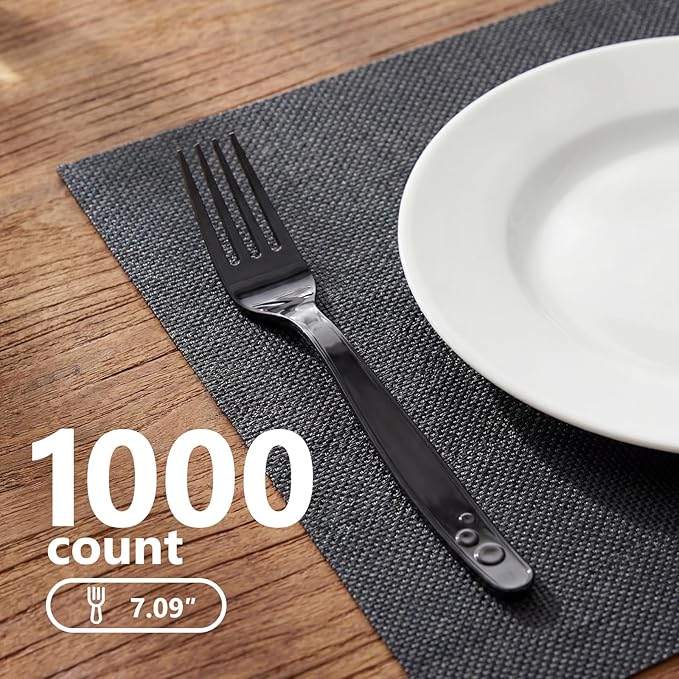 SACATR 1000 Count Black Plastic Forks Heavy Duty, Disposable Bulk Forks, BPA-Free Heat Resistant Cutlery for Restaurant Catering Party Events