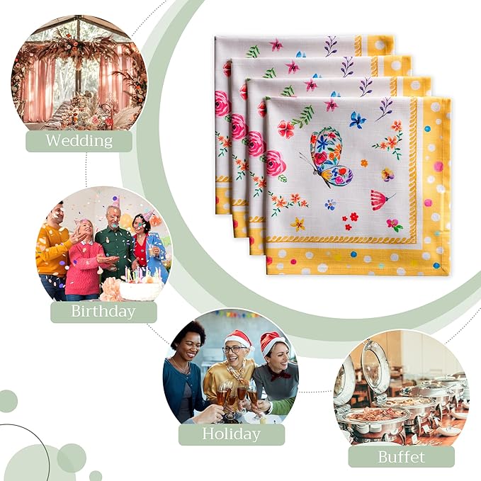 Maison d' Hermine 100% Cotton Cloth Napkins Set of 4 Everyday Reusable Square Napkins Cloth Washable Dinner Party Wedding Restaurant Hotel Kitchen Spring Summer (Happy Florals - Sweety, 20" x 20")
