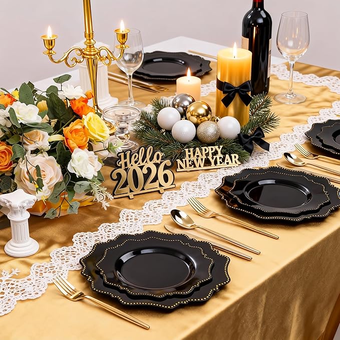 COLOSUS 60pcs Black and Gold Plastic Plates Set, Gold Black Party Plates, 30pcs Dinner Plates and 30pcs Salad/Dessert Plates for Wedding, Party, Anniversary, Daily Use