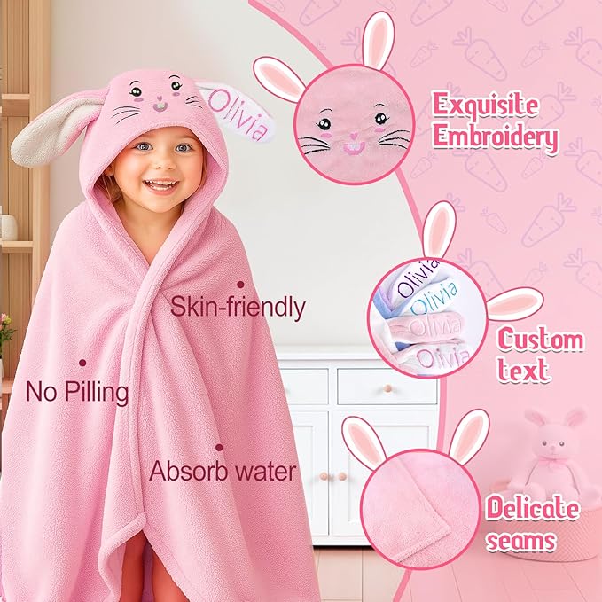Baosity Custom Hooded Bath Towel for Babies,Soft Highly Absorbent Bunny Baby Towel with Name,Baby Towels for Newborn,Personalized Baby Shower Easter Birthday Gifts for Toddler Girls Boys