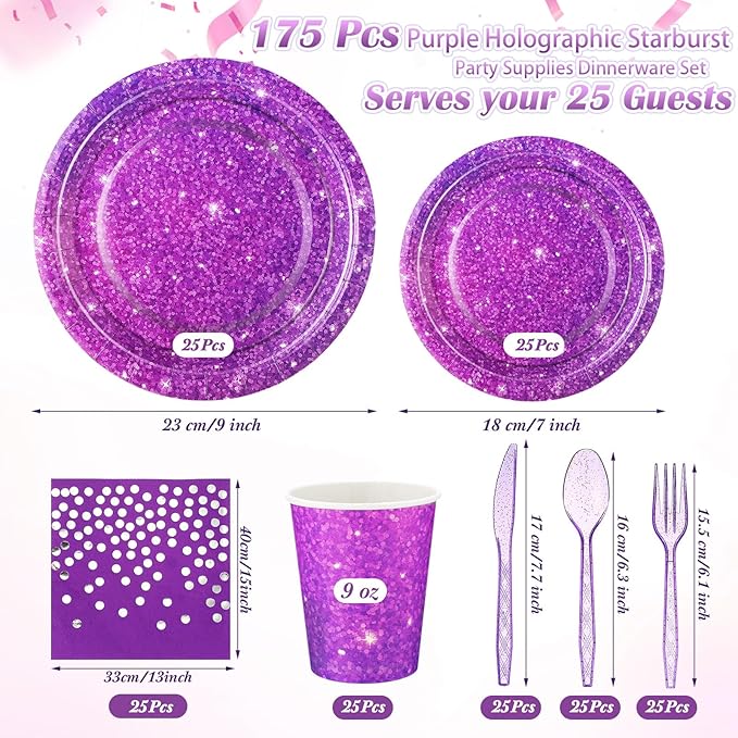 Hushee 175 Pcs Purple Holographic Print Party Supplies Guests Disposable Dinnerware Set Include Paper Plates, Napkins, Cups, Plastic Cutlery for Wedding Birthday Disco Bachelorette