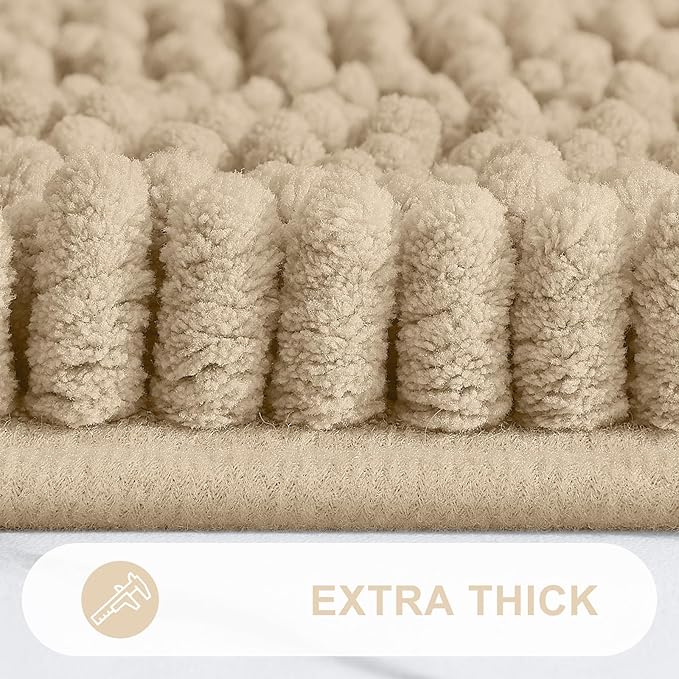 Grandaily Chenille Striped Bathroom Rugs 47x32, Extra Thick and Absorbent Bath Mats, Non-Slip Soft Plush Shaggy Shower Carpet, Machine Wash Dry, Bath Rug for Bathroom, Beige