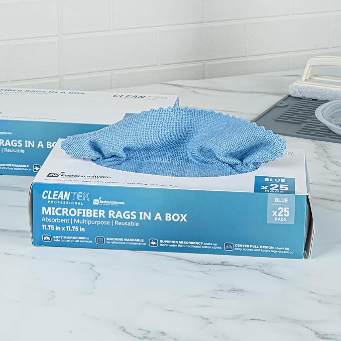 Restaurantware-Clean Tek Professional 11.81 x 11.81 Inch Microfiber Rags In a Box, 25 Absorbent Cleaning Cloths - No-Scratch, Blue Microfiber Reusable Edgeless Cleaning Towels, Leaves No Streak