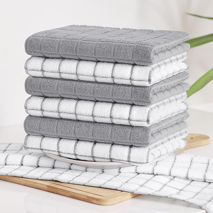 Homaxy Premium Cotton Kitchen Towels 16"x 28", Large Natural Ring Spun 390 GSM Dish Towels, Super Absorbent Terry Kitchen Hand Towels, Soft Tea Towels with Hanging Loop, Light Grey Design, 4 Pack