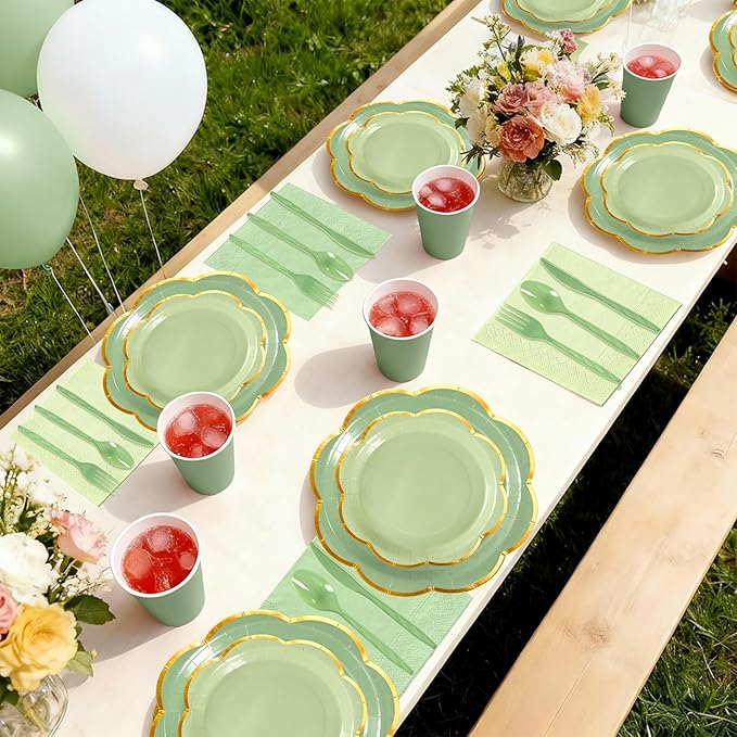Sage Green Paper Plates and Napkins Party Supplies Serves 24,Green Scalloped Party Plates with Gold Rim,168Pcs Disposable Plates and cups and napkins sets for Spring Birthday Party Bridal Baby Shower