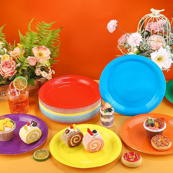Kochorie 60 Pieces Rainbow Disposable Paper Plates 9 Inch Heavy Duty Dinner Plates, Solid Color, Table Decorations Party Supplies for Birthdays, Weddings, Daily Use