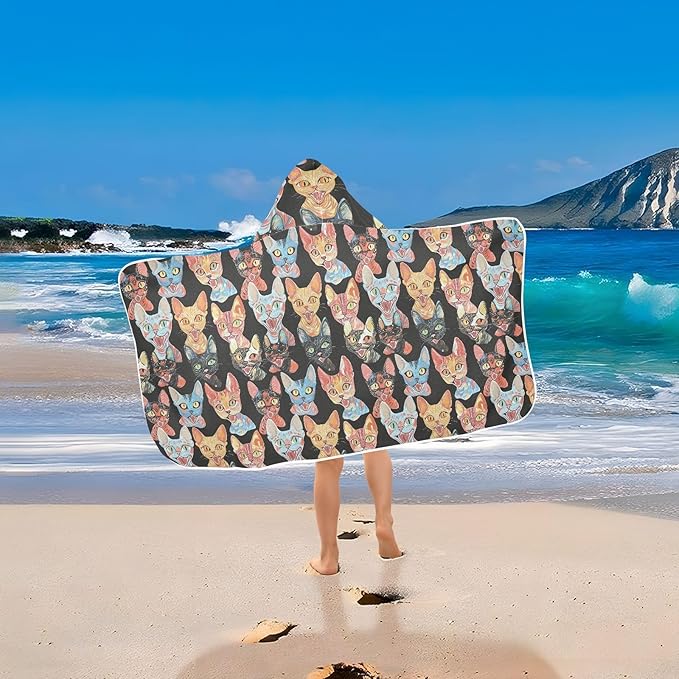 Kid Beach Towel Aesthetic Devon Rex Cats Black Boys Hooded Beach Towel Absorbent Bath Towels with Hood