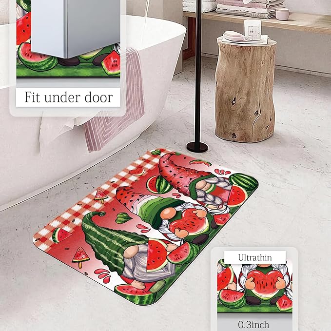 APROPHIC Summer Gnome Bath Mat for Bathroom Decor, Fruit Watermelon Plaid Bathroom Rug Non-Slip Rubber Backing Carpet, Absorbent Quick-Drying Floor Mat, Ultra-Thin Fit Under The Door,17x24 in, Red