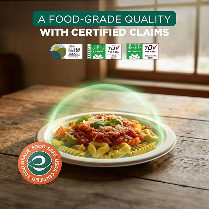 ECO SOUL Compostable Paper Plates 8.75 Inch, 100 Pack – Heavy Duty Disposable Dinner Paper Plates, Natural Bagasse, Leak-Resistant, Microwave Safe, Eco-Friendly Round Plates for Parties & Catering