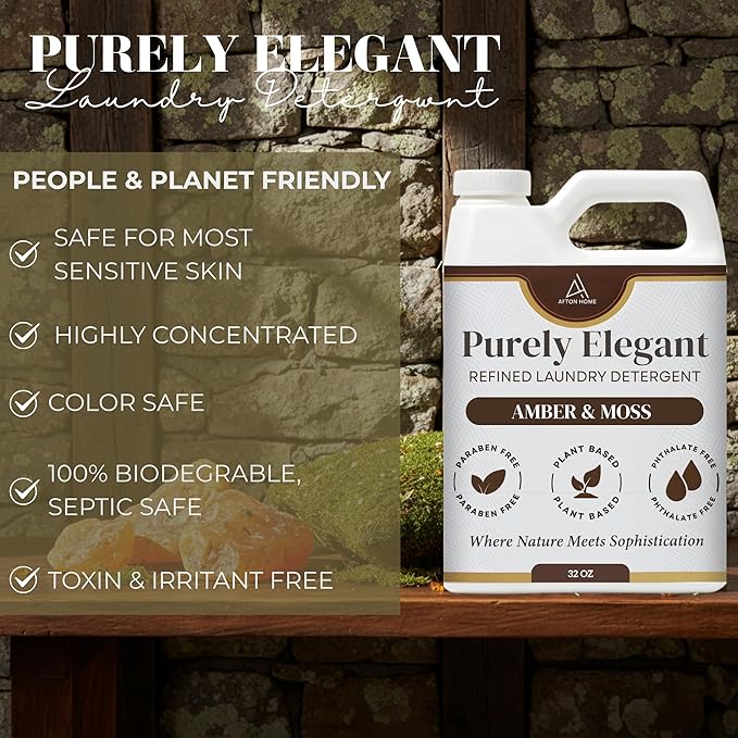 Elegant Luxury Plant-Based Laundry Detergent Amber & Moss Scent, 32oz by Purely Elegant, Biodegradable, Highly Concentrated, Eco-Friendly, Sensitive Skin Safe, Paraben Free, HE, Medium Bottle