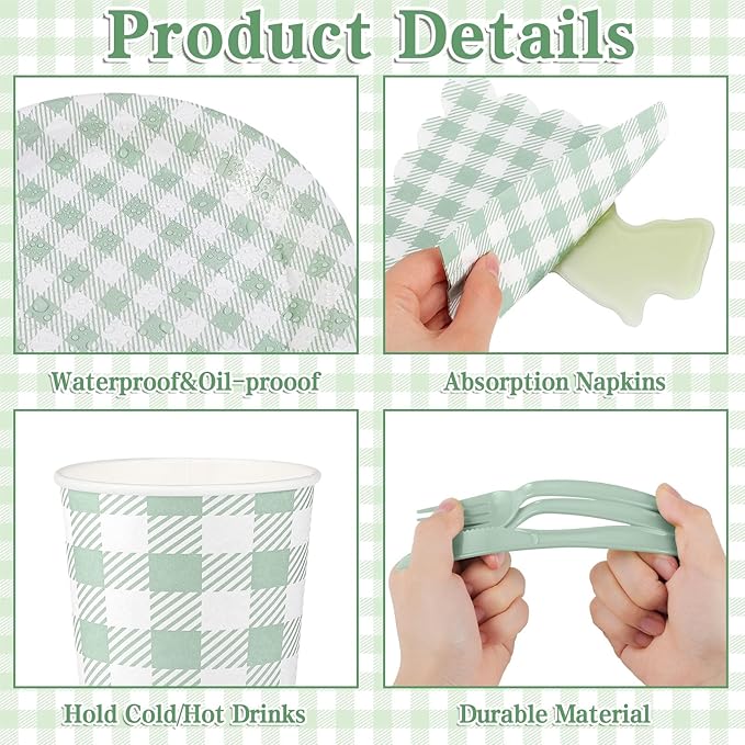 NatNarr 175 Pcs Sage Green Gingham Party Supplies Include Green Plates and Napkins Disposable Checkered Dinnerware Set for Baby Bridal Shower, Wedding, Birthday, Picnic