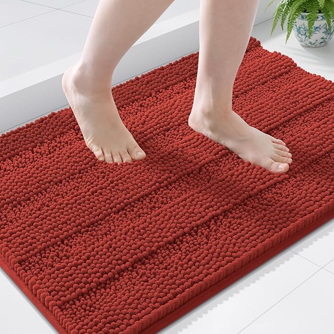 Grandaily Chenille Striped Bathroom Rugs 44x24, Extra Thick and Soft Absorbent Bath Mats, Rubber Backing, Plush Shaggy Shower Carpet, Machine Wash Dry, Bath Rug for Bathroom, Rustic Terracotta