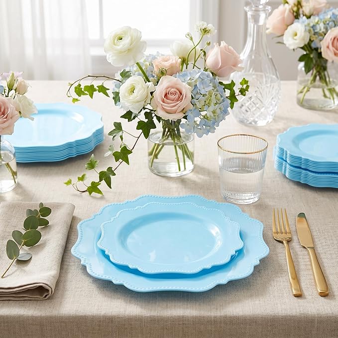 COLOSUS 60Pcs Blue Plastic Plates, Light Baby Blue Party Plates, Heavy Duty 30 Dinner plate 10.5” and 30 Salad/Dessert Plate 8.25” for Easter day, Party,Dinner