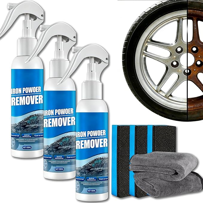 Multi-functional Quick-Acting Rust Removal Spray, Iron Powder Remover for Car and Metal Surfaces, Fast Acting Oxidation Cleaner for Auto Paint, Wheels, Tools, Hardware, Garage Use (3pcs)