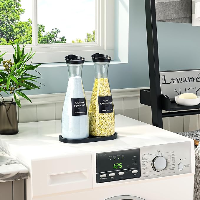 Galasily 2 Pack Laundry Detergent Dispenser Container with Tray, 54OZ Liquid Laundry Soap Dispenser with Labels, Black Laundry Room Organization for Powder, and Fabric Softener