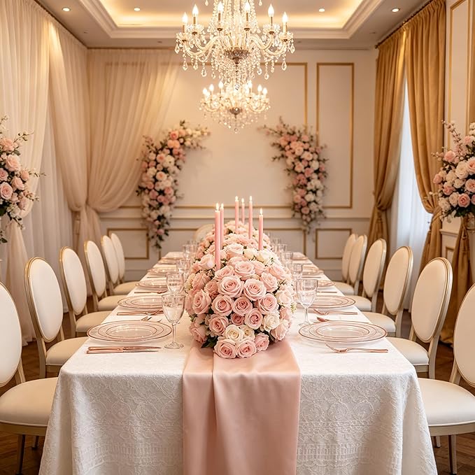 GATHER 350PCS Rose Gold Plastic Plates - Disposable Rose Gold Dinnerware Includes 100 Clear Rose Golds Rimmed Plastic Plates, 150 Silverware, 50 Napkins, 50 Cups for Party, Wedding