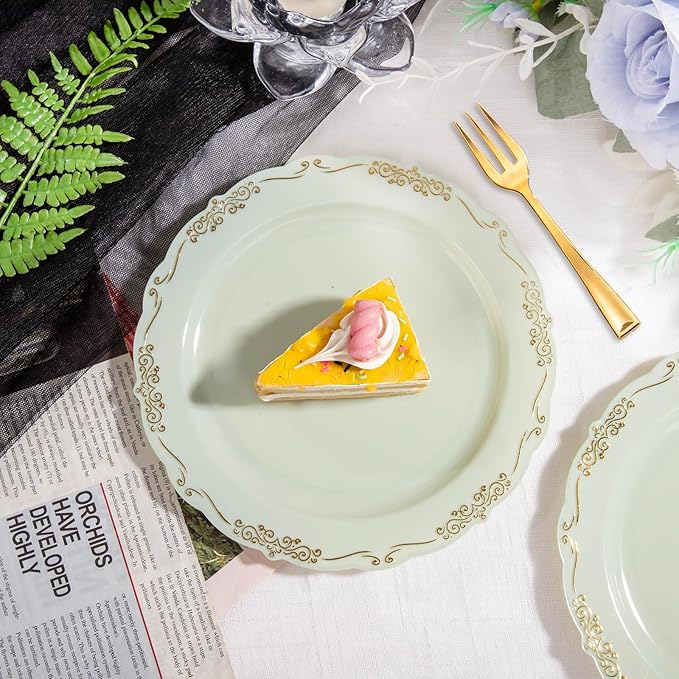 LIYH 100 Pcs Light Green Gold Plastic Dessert Plates with 100 Pcs Gold Dessert Plates, Disposable Sage Green Salad Plates, Includes: 100 Appetizer Plate 7.5" & 100 Golden Cake Forks 5"