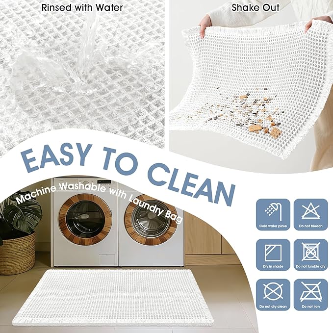 Accumtek Extra Large Waffle Bath Mat, 5'x2' White, Super Absorbent Non-Slip Quick Dry Bathroom Rugs with Tassels, Machine Washable Ultra Soft Boho Bath Rugs for Floor, Toilet Mats Boho Farmhouse Decor