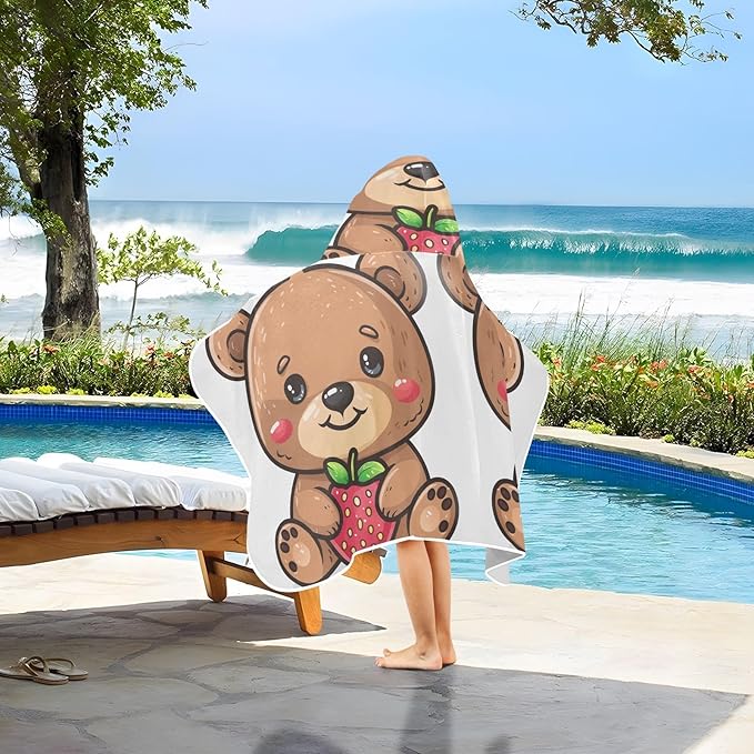 Hooded Towel for Kids Little Bear with Strawberry Beach Wrap Bath Towels 50x23.5in