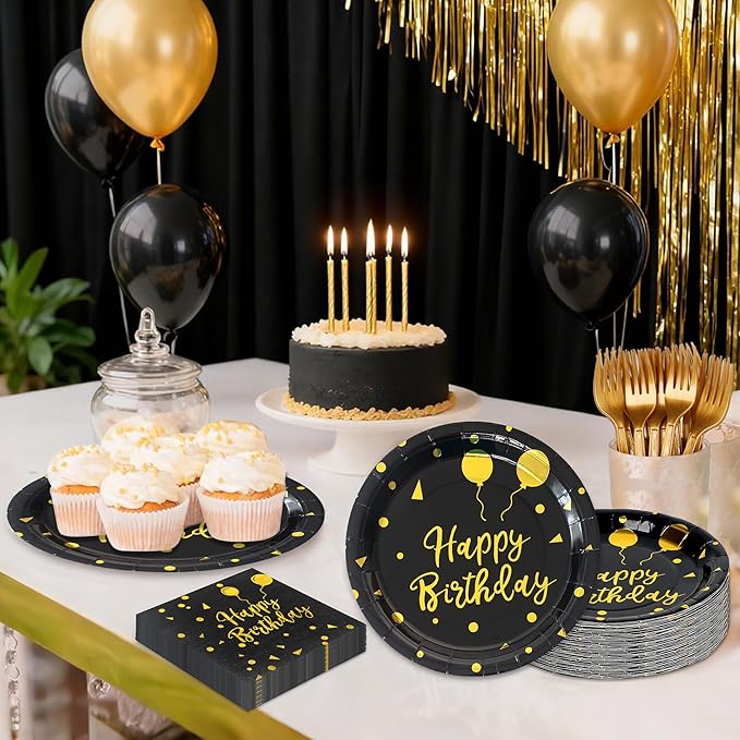 75 Pcs Happy Birthday Paper Plates,Serves 25 Guests Black Gold Plates and Napkins with Gold Forks,Disposable Paper Tableware Set for Birthday Party Decorations