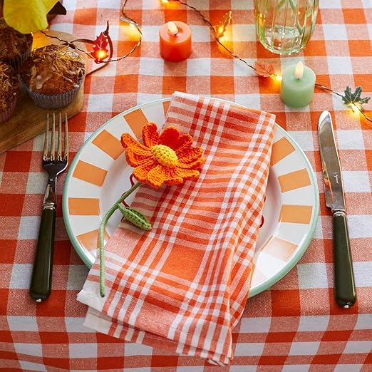 Talking Tables 2 x Orange Gingham Kitchen Tea Towels Table Linen Fabric Dish Cloths Large Checkered Cloth Napkins Absorbent Durable Soft Cotton Quick Drying, ECO Packaging 17 x 27 Inches