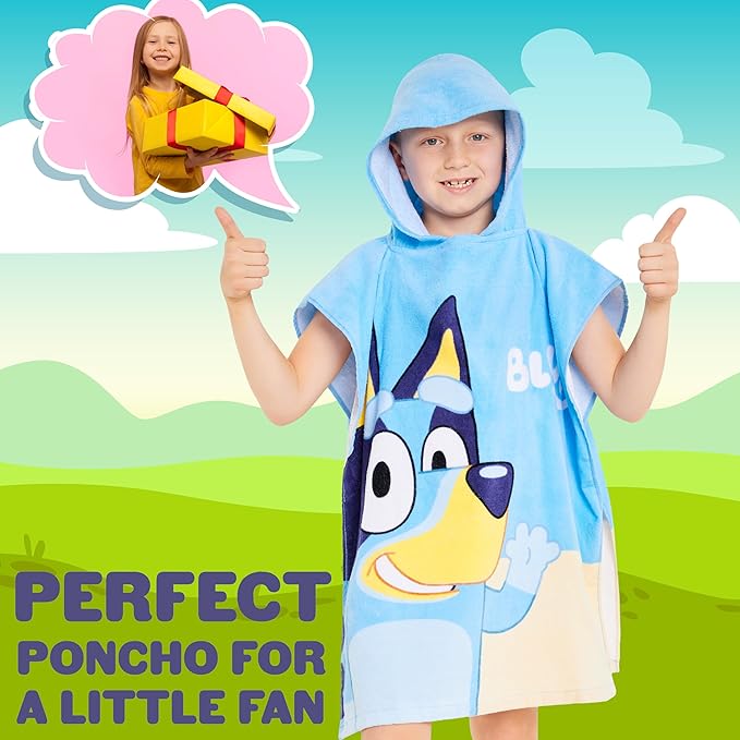 Bluey Kids Changing Robe, Hooded Towel Poncho for Boys Girls, Soft Absorbent Cotton Wearable Towel for Swim Surf Bath Beach Cover Up, Gifts for Kids (Blue/Orange)