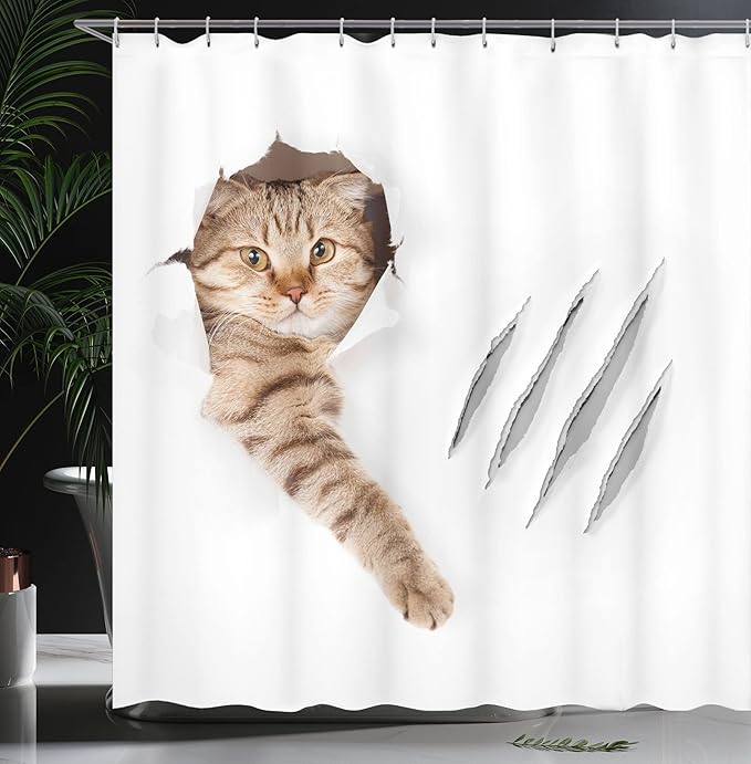 Ambesonne Animal Shower Curtain, Funny Cat in Hole with Claw Scratches Playful Kitten Pet Picture, Cloth Fabric Bathroom Decor Set with Hooks, 69" W x 70" L, White Brown