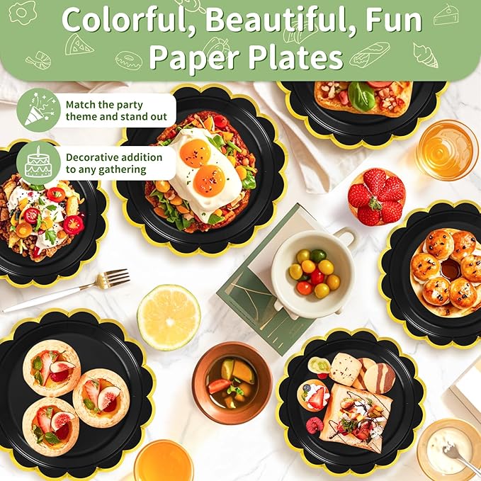 50 Pcs Black Paper Plates, 25 Pcs 9" and 25 Pcs 7" Disposable Halloween Scalloped Plates with Gold Foil for Graduation Wedding Baby Shower Birthday Party Picnic BBQ